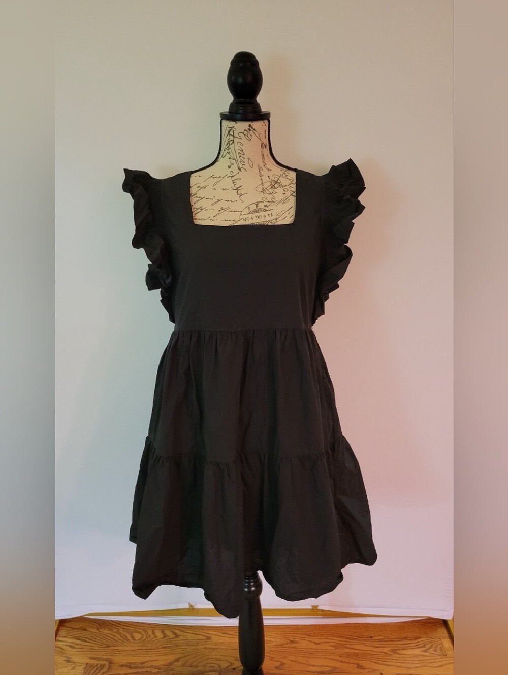 English Factory Black Square Neck Ruffle Sleeve Mini Dress Size M